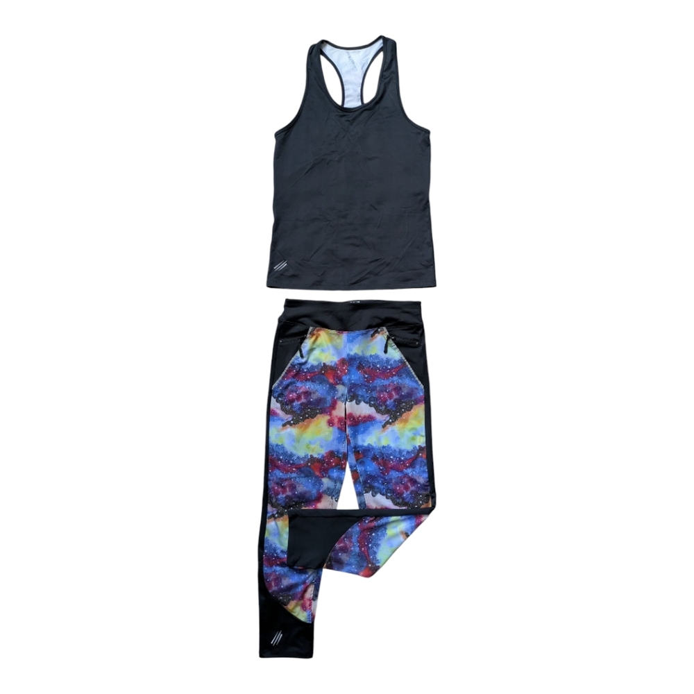 CoverGirl Active Workout Set Black Multi Racerback Top XL Coordinating Legging L